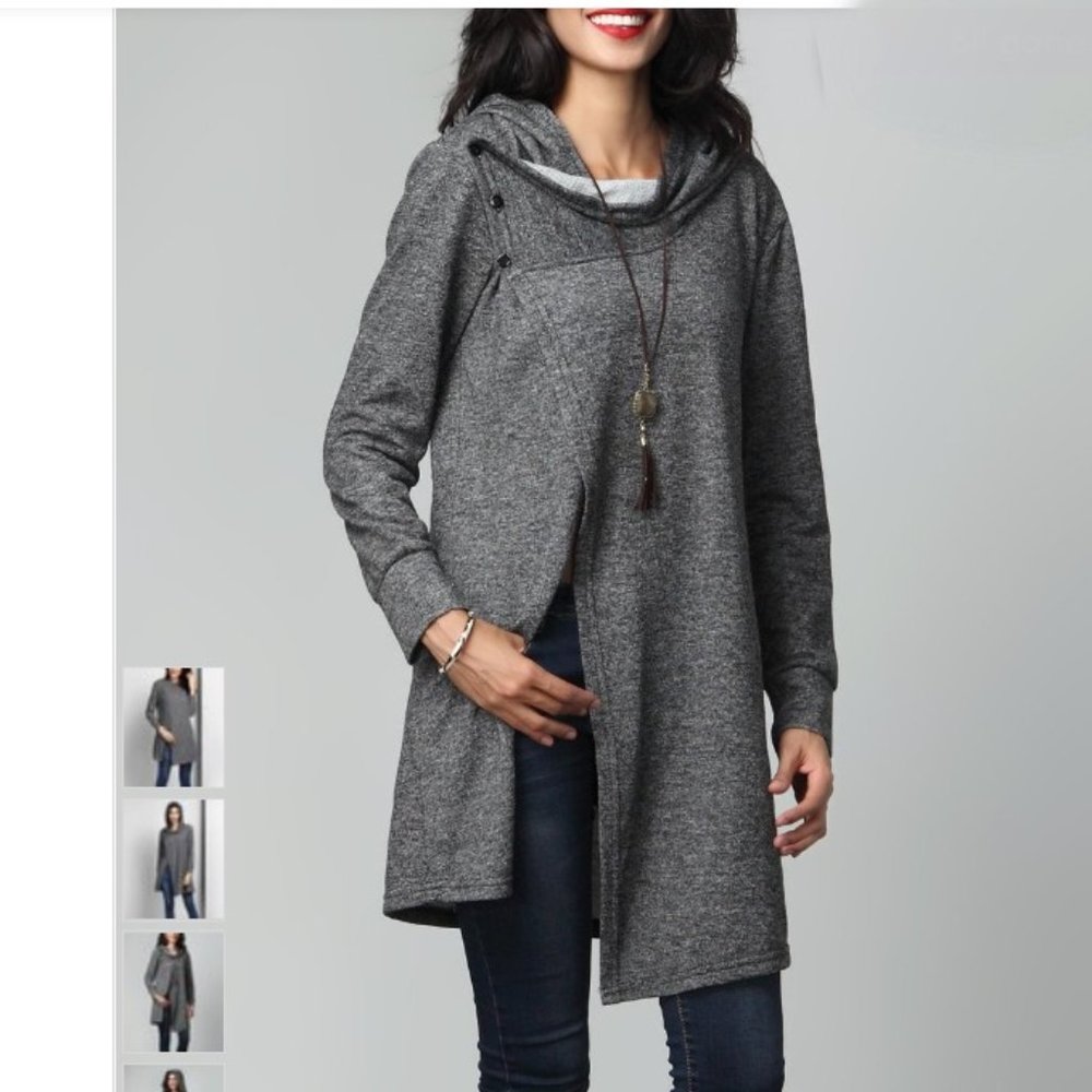 Charcoal French Terry Asymmetrical Button Convertible Tunic